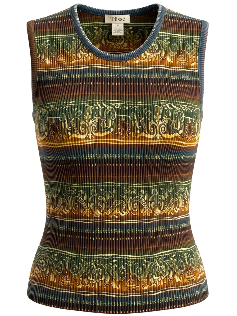 Vintage Plisse Sleeveless Pleated Tank Top Bold Metallic Scroll Design Women's M